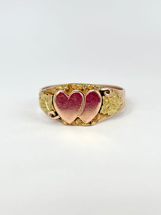 Victorian, 15ct Gold, Two tone Vintage Double Heart Ring
