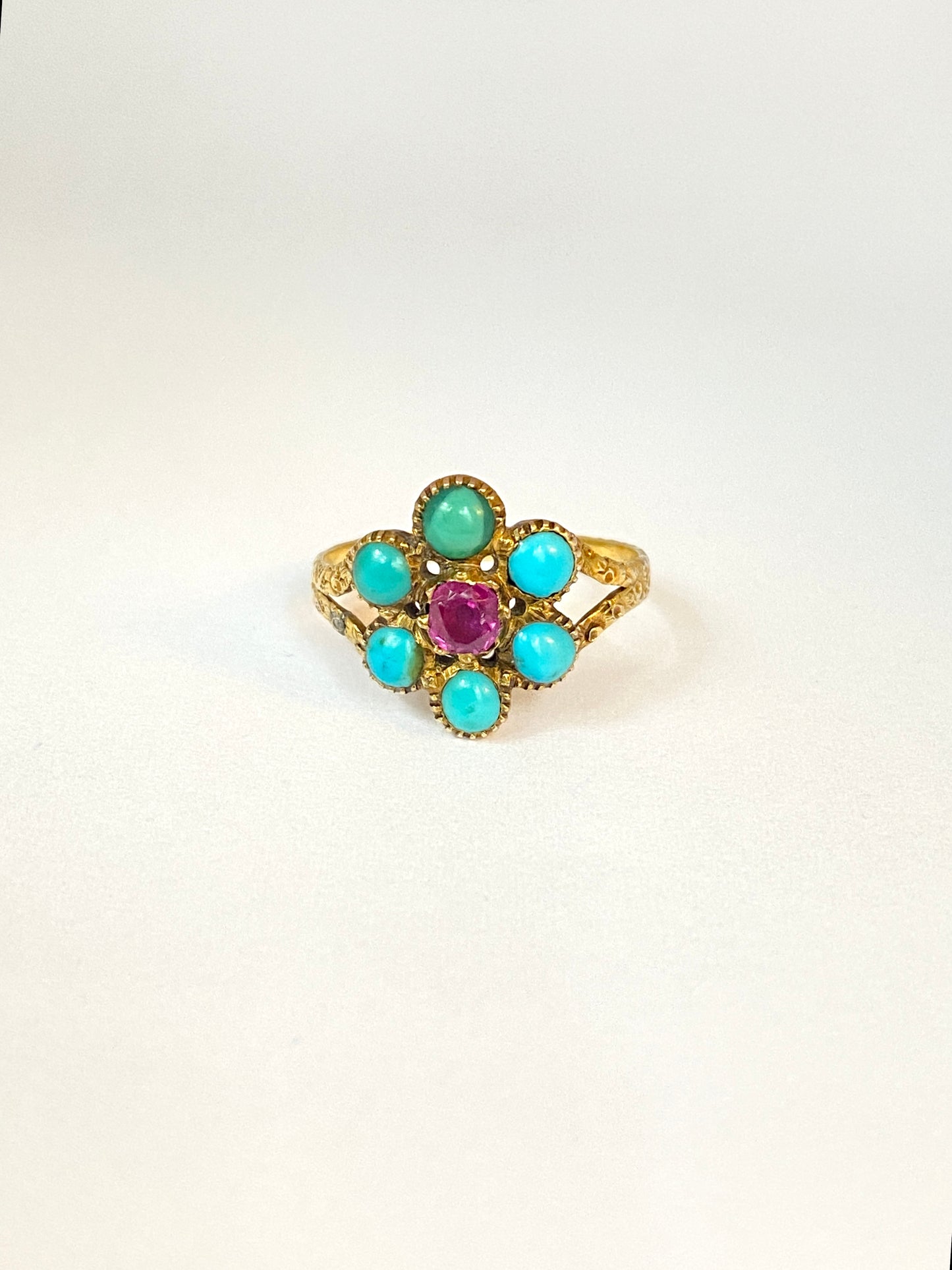 Antique, Victorian, 15ct Gold Turquoise and Ruby Flower Ring.