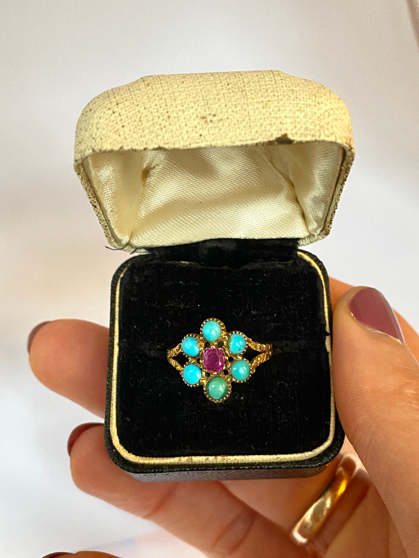 Antique, Victorian, 15ct Gold Turquoise and Ruby Flower Ring.