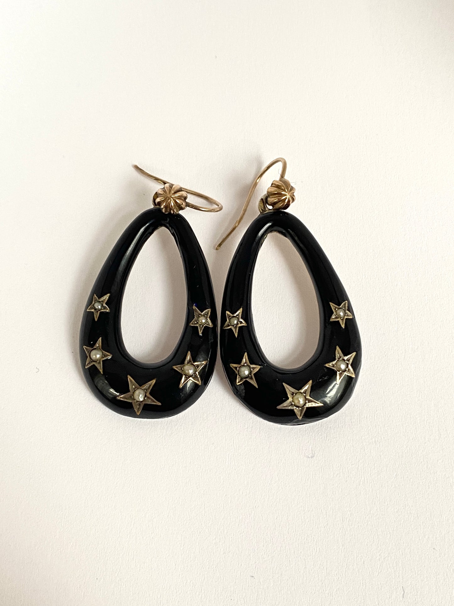 Unique, Art Deco, Silver, Jet and 9ct Gold Hoop Earrings with Pearls in Starburst Settings