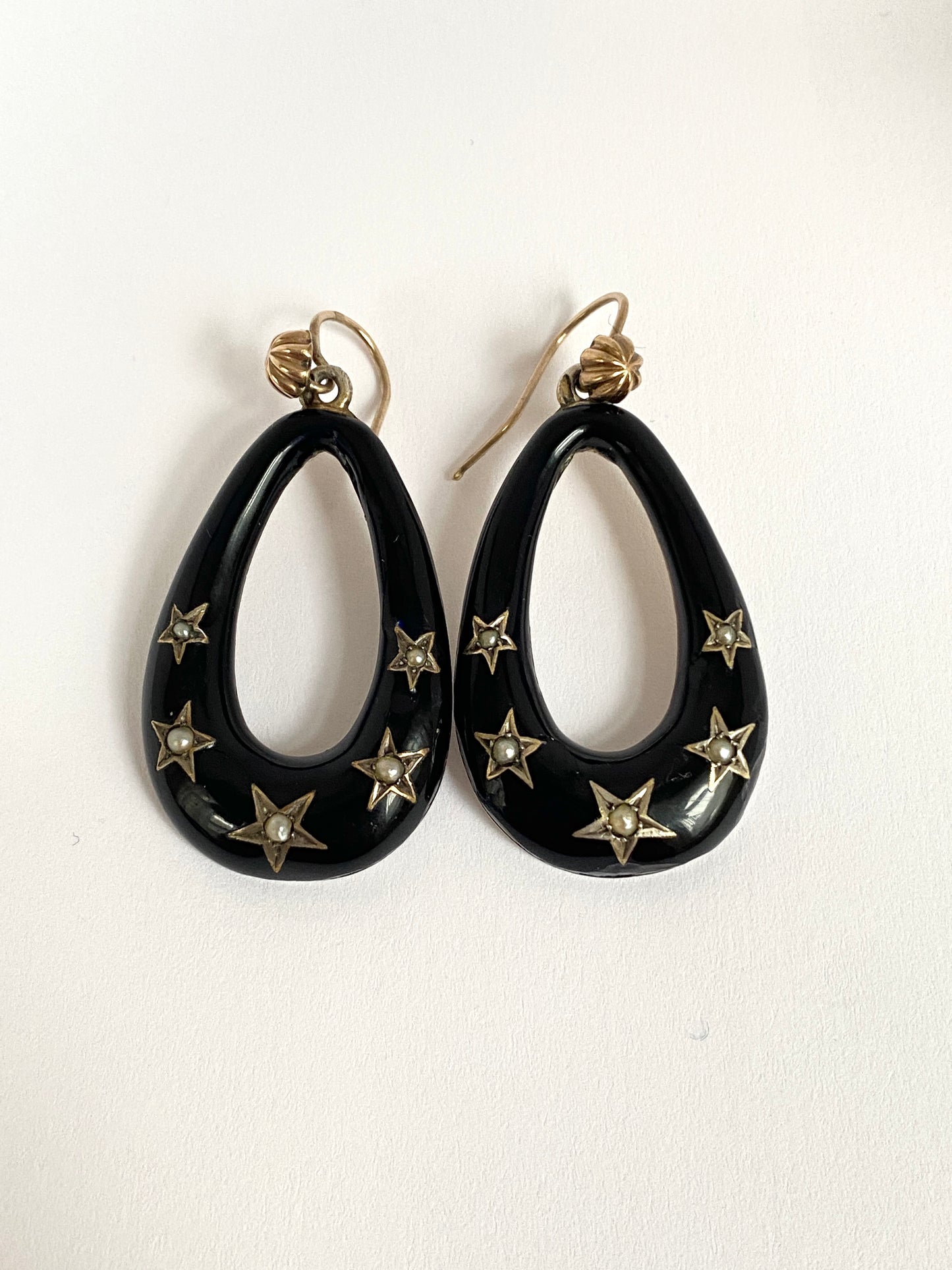 Unique, Art Deco, Silver, Jet and 9ct Gold Hoop Earrings with Pearls in Starburst Settings