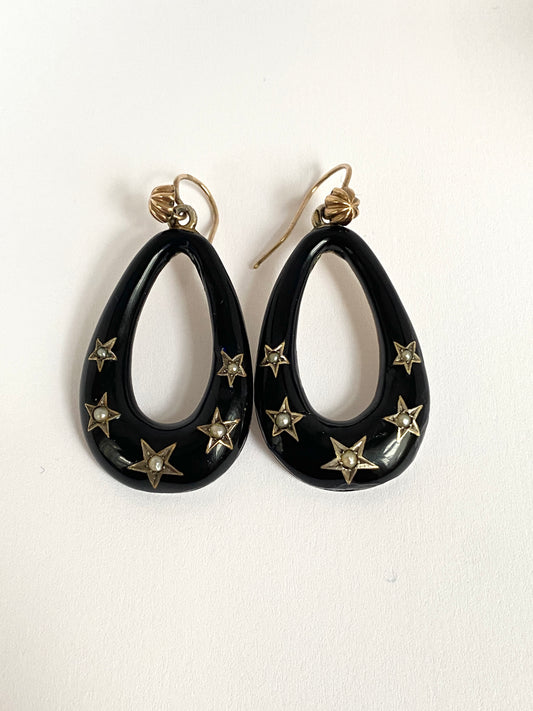 Unique, Art Deco, Silver, Jet and 9ct Gold Hoop Earrings with Pearls in Starburst Settings