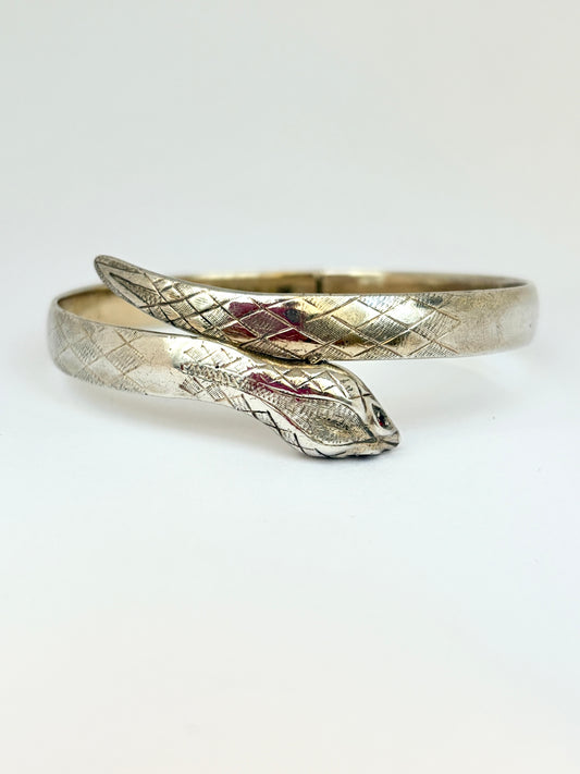 Vintage, Sterling Silver, Garnet Eyed Snake Bangle, 29.21g, Hallmarked London, 1972