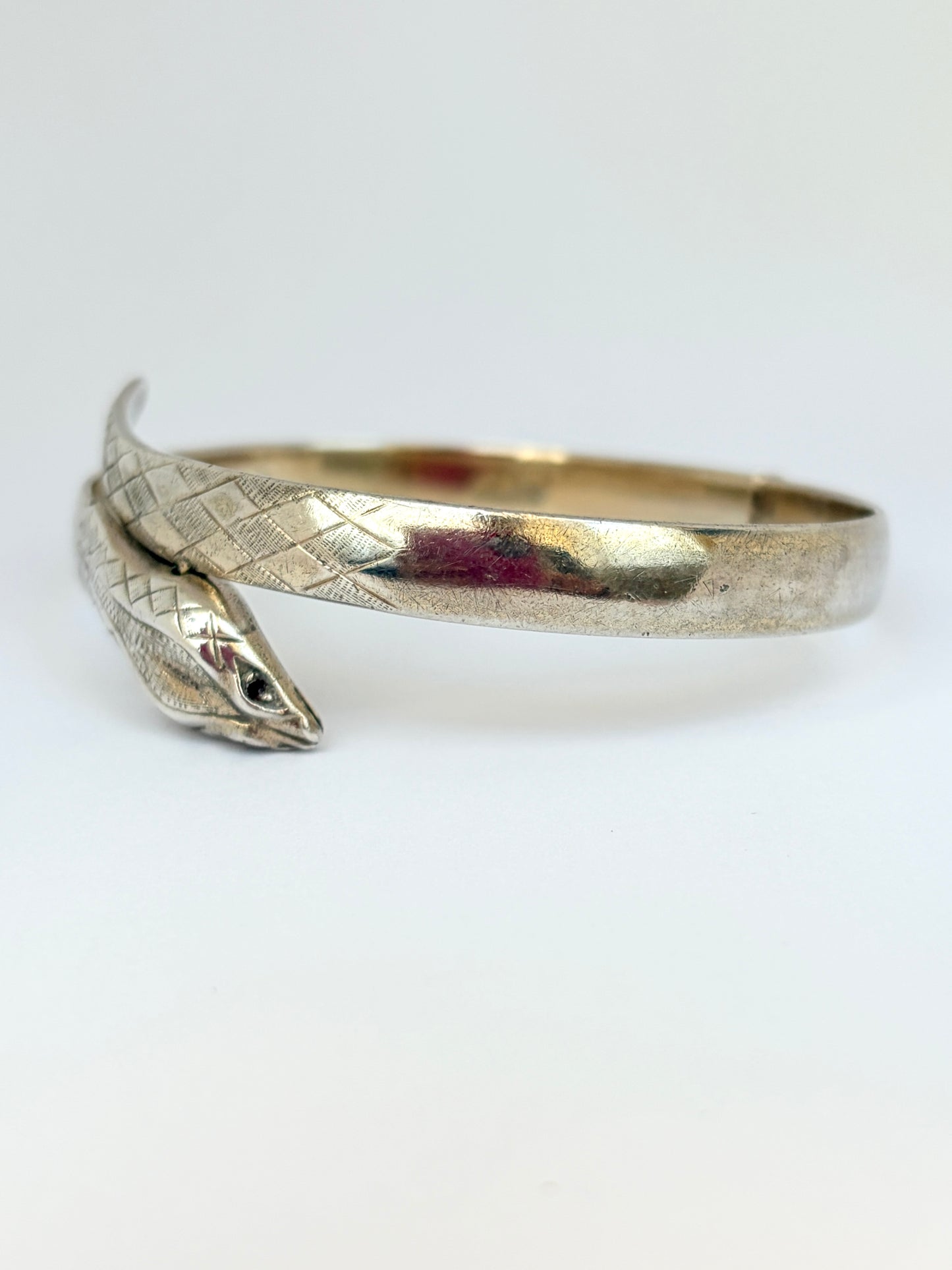 Vintage, Sterling Silver, Garnet Eyed Snake Bangle, 29.21g, Hallmarked London, 1972