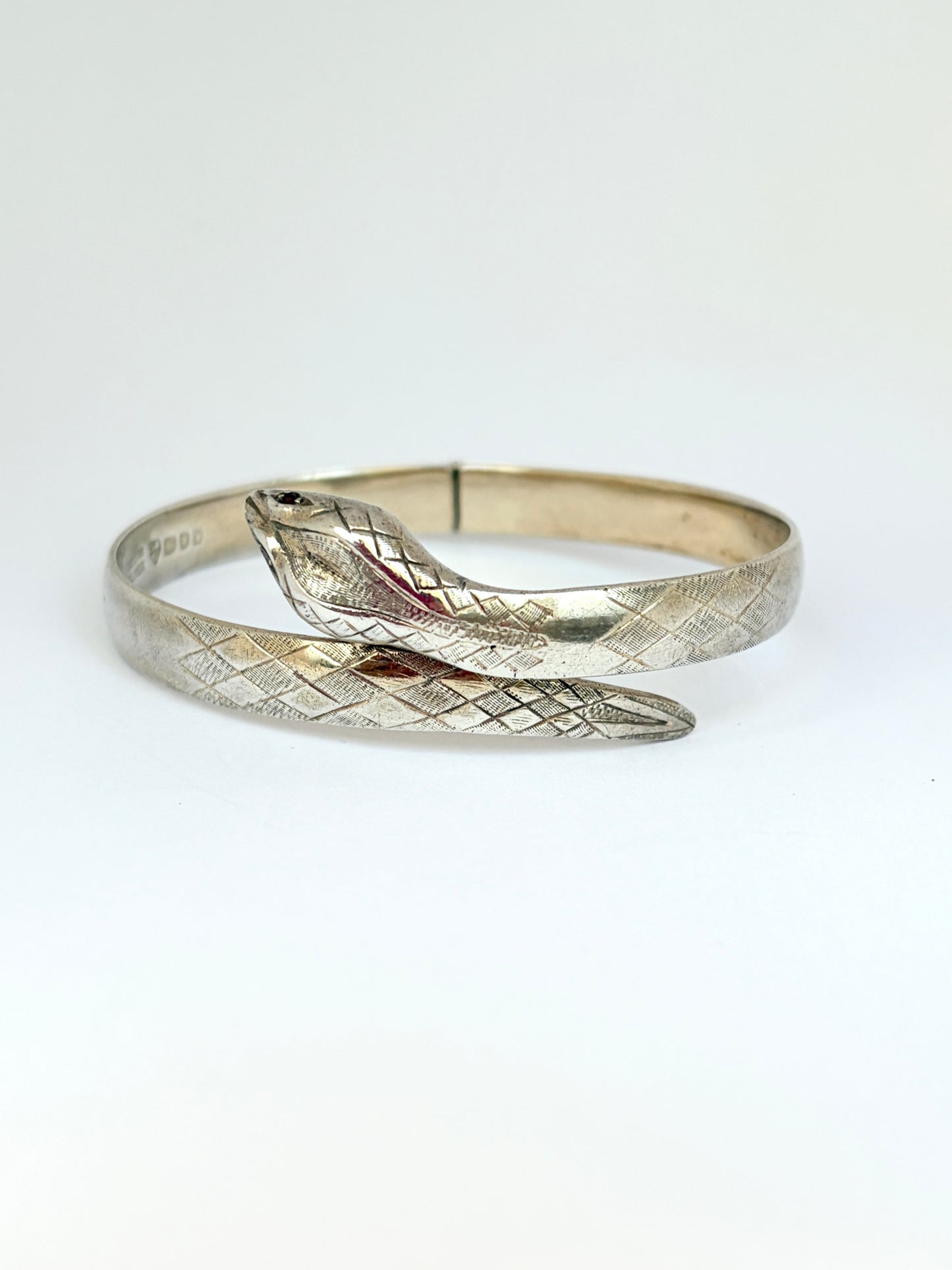 Vintage, Sterling Silver, Garnet Eyed Snake Bangle, 29.21g, Hallmarked London, 1972