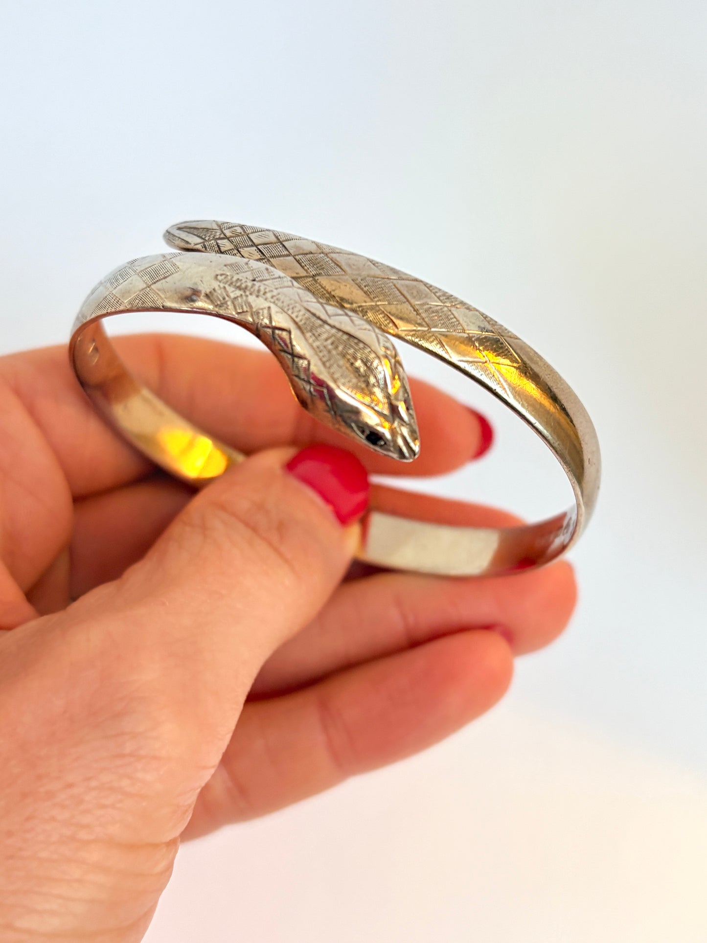 Vintage, Sterling Silver, Garnet Eyed Snake Bangle, 29.21g, Hallmarked London, 1972
