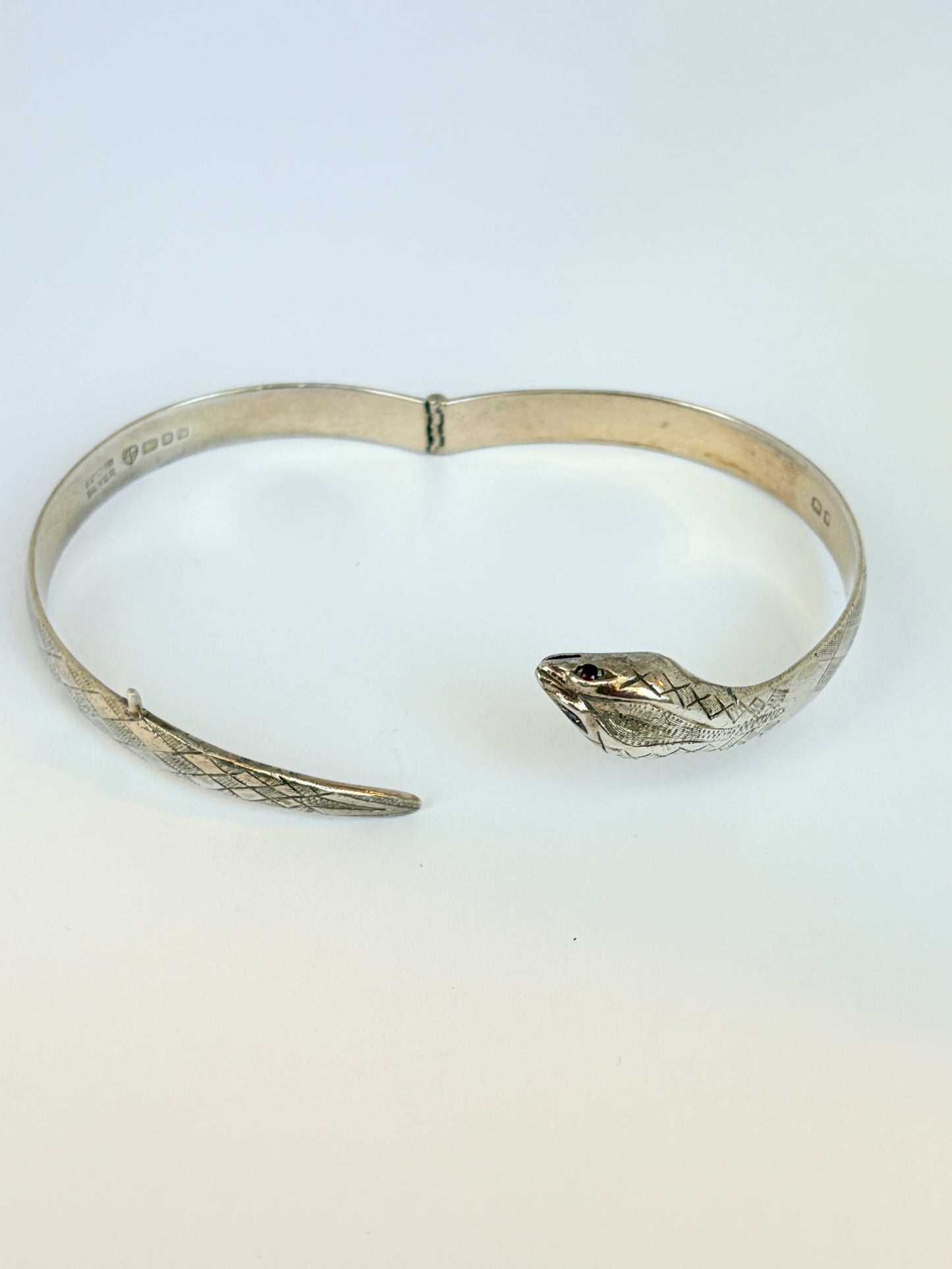 Vintage, Sterling Silver, Garnet Eyed Snake Bangle, 29.21g, Hallmarked London, 1972