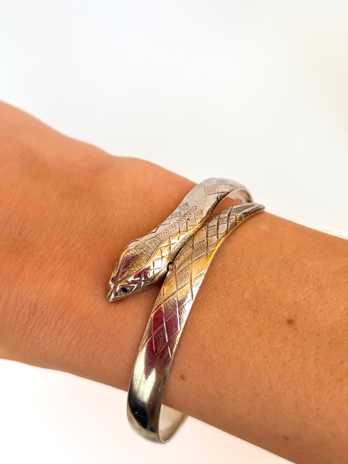 Vintage, Sterling Silver, Garnet Eyed Snake Bangle, 29.21g, Hallmarked London, 1972