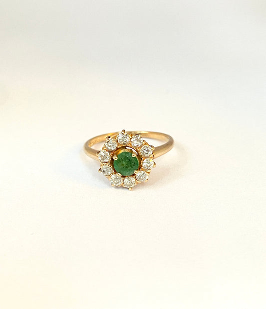 Vintage, 18ct Gold Emerald and Diamond Cluster Flower Ring