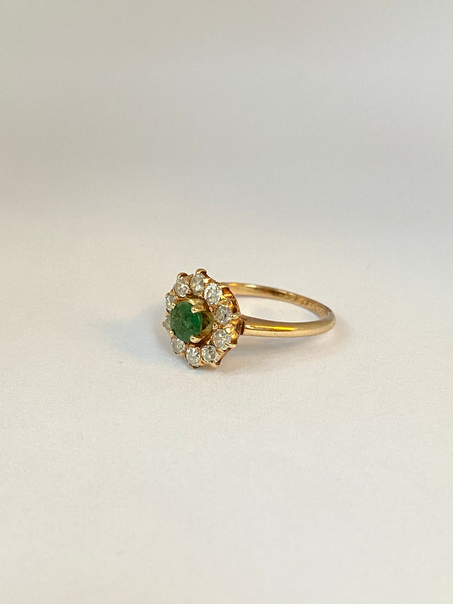 Vintage, 18ct Gold Emerald and Diamond Cluster Flower Ring