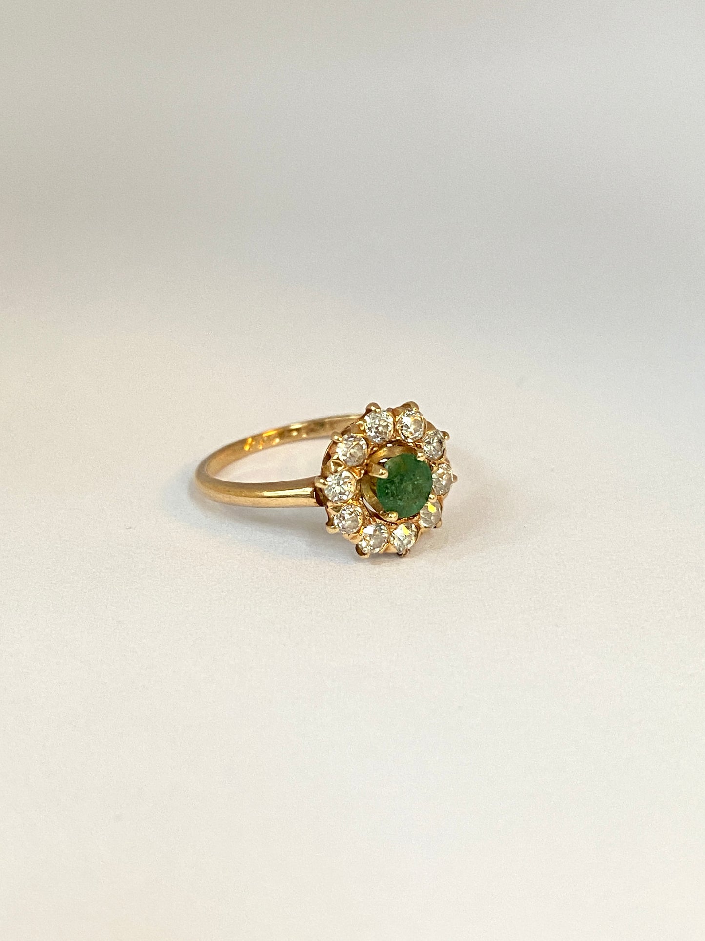 Vintage, 18ct Gold Emerald and Diamond Cluster Flower Ring