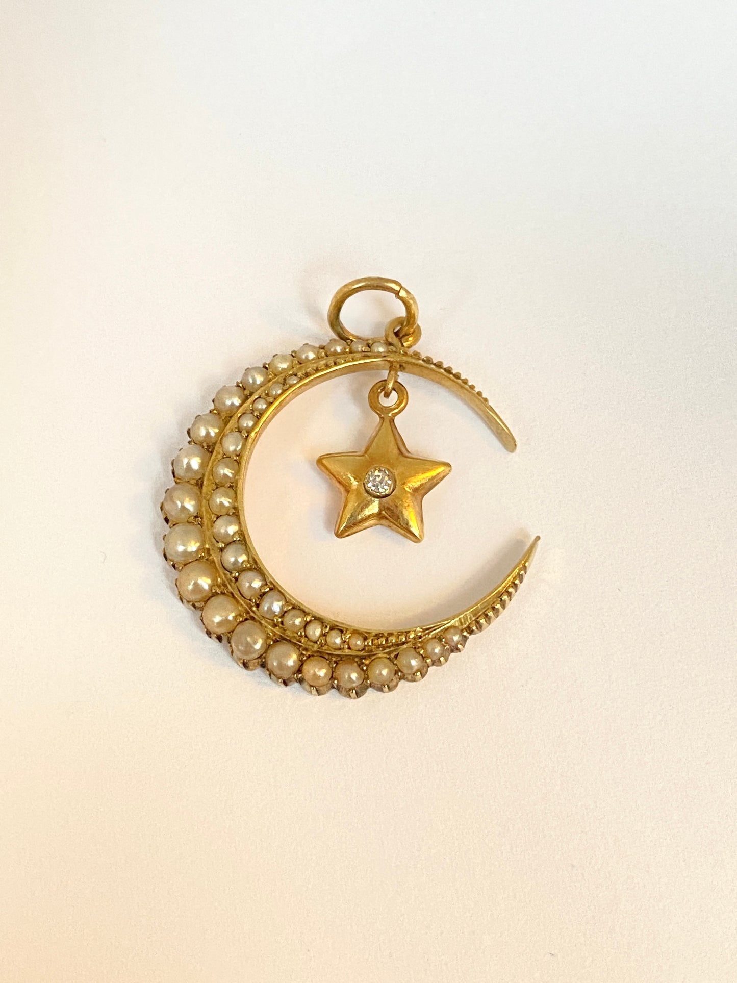 Antique, 15ct Gold Pearl Crescent Moon and Diamond Star Pendant