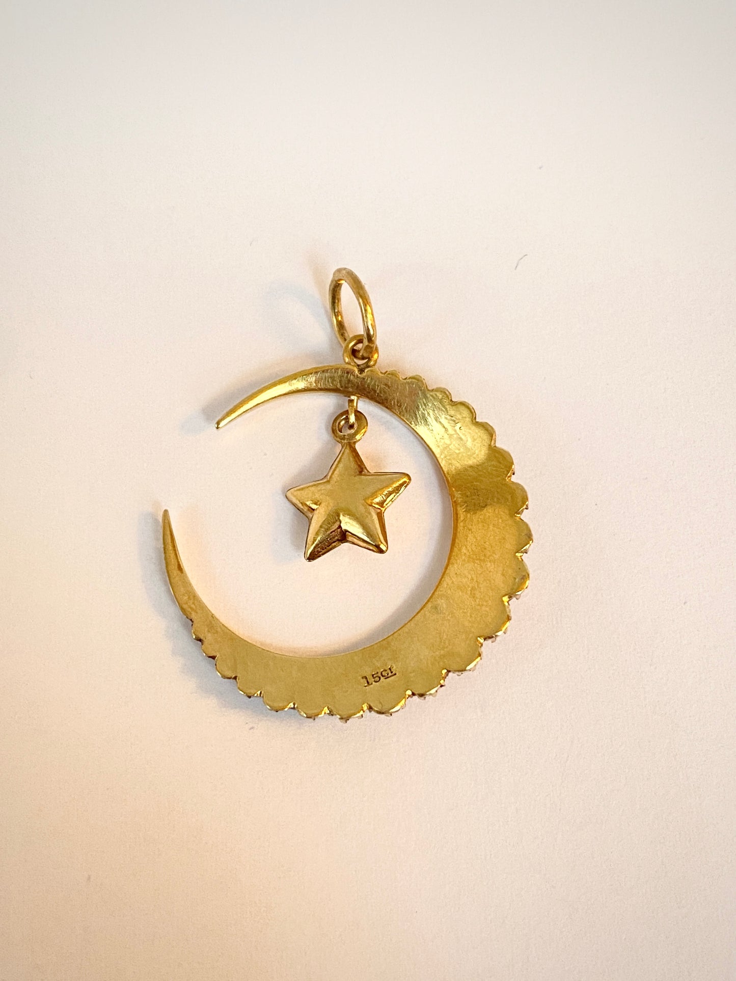 Antique, 15ct Gold Pearl Crescent Moon and Diamond Star Pendant