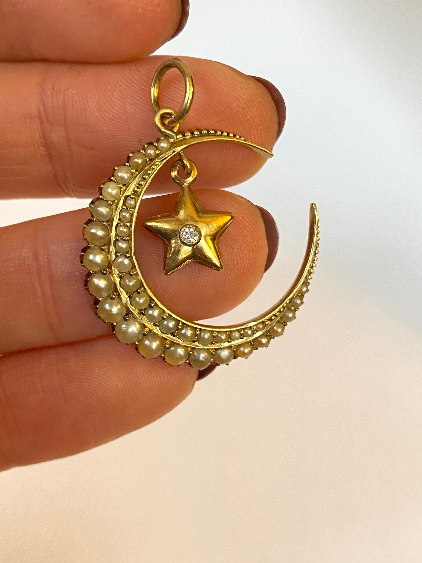 Antique, 15ct Gold Pearl Crescent Moon and Diamond Star Pendant