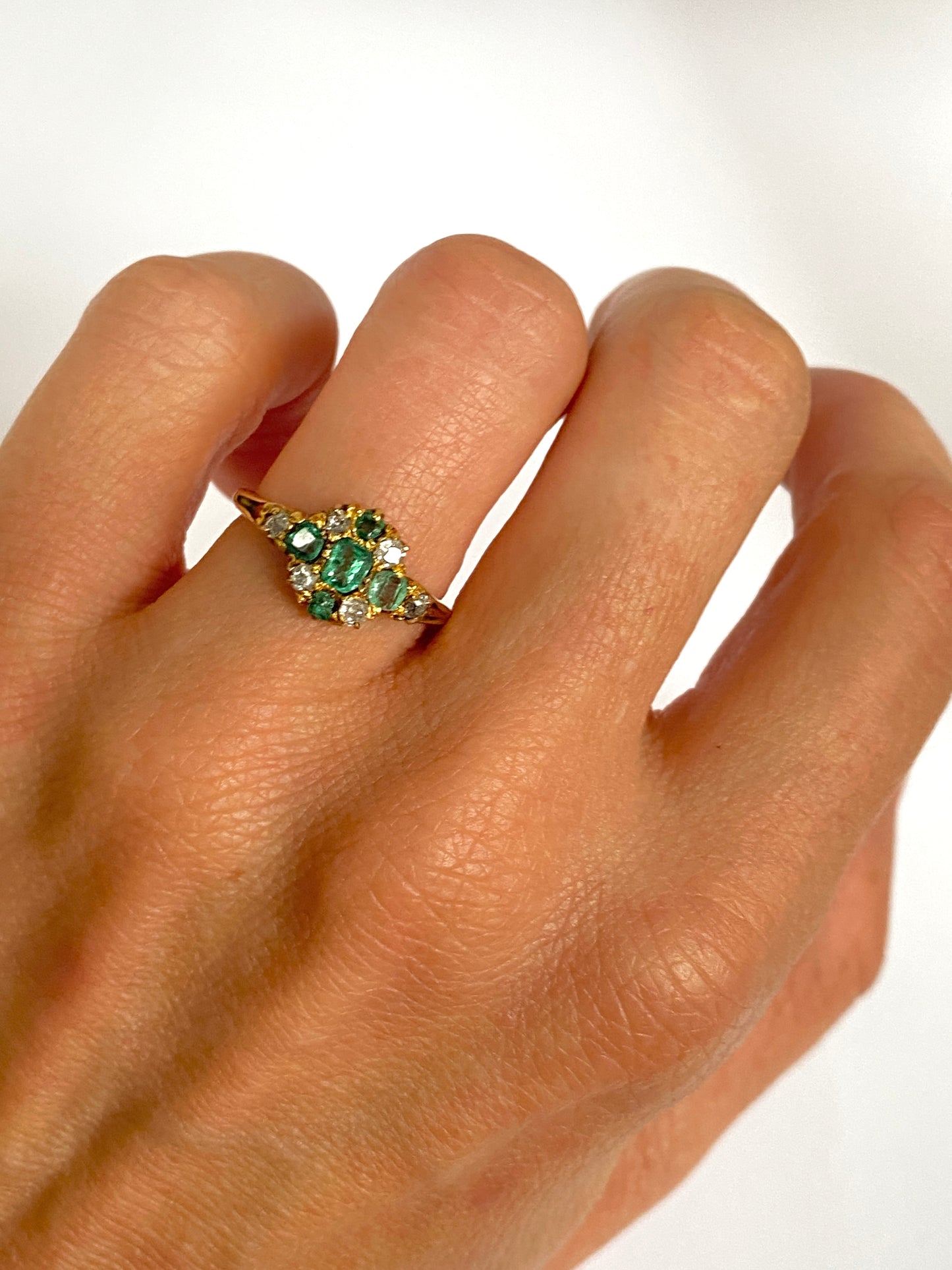 Reserved First payment Maiko Victorian, 18ct Gold, Emerald and Diamond Ring