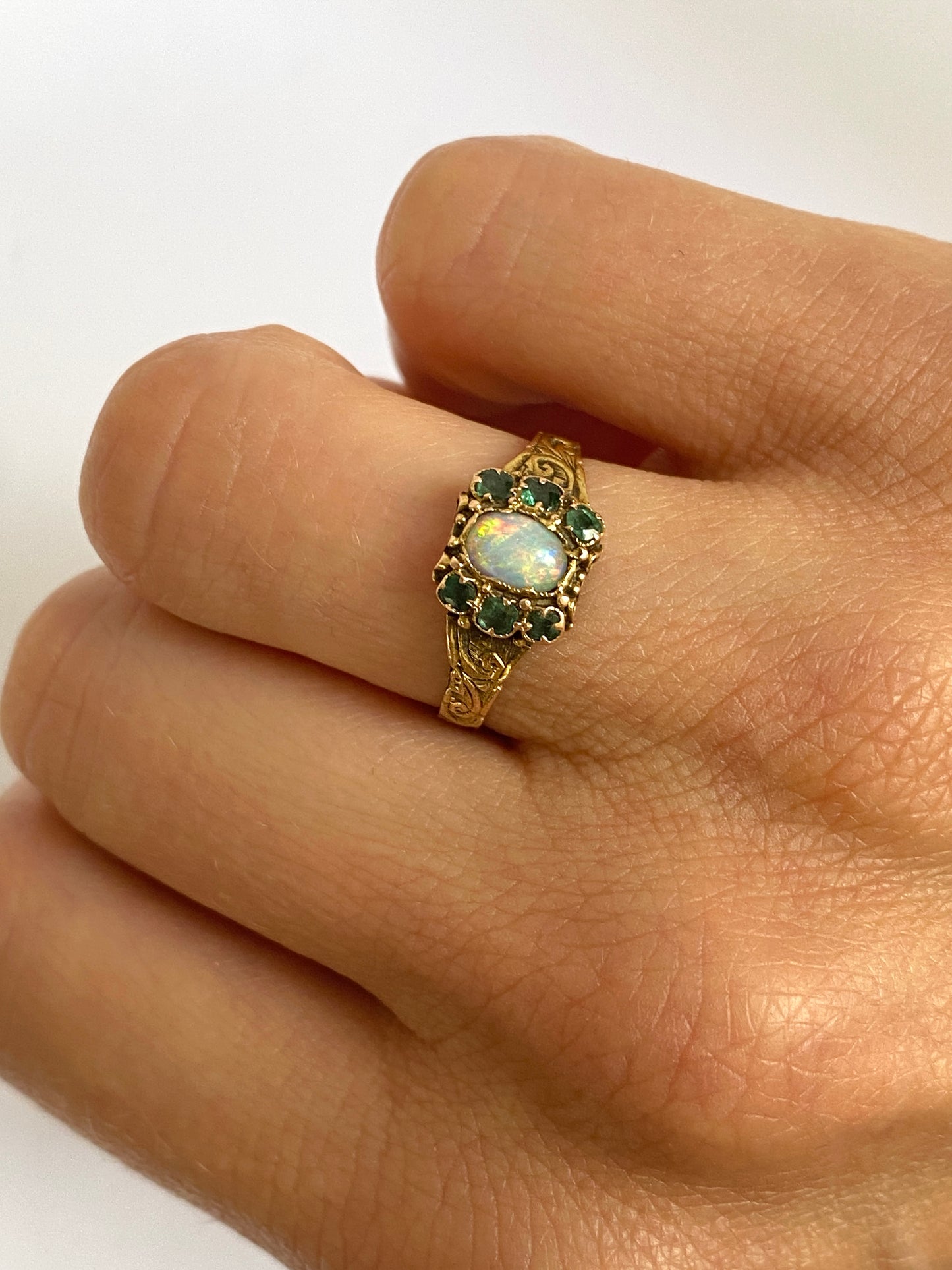 Antique, Victorian, 15ct Gold Emerald and Opal Ring, Hallmarked, Birmingham, 15ct Gold, 1868