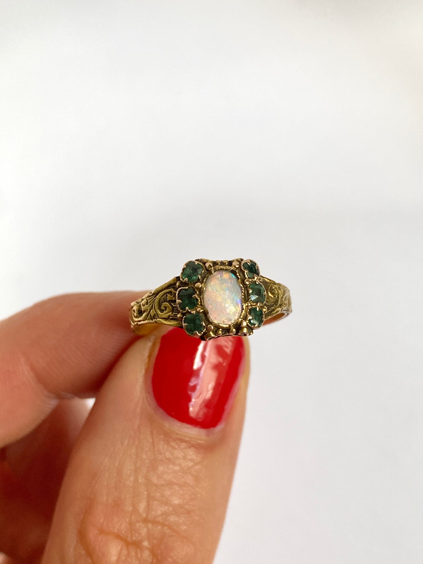 Antique, Victorian, 15ct Gold Emerald and Opal Ring, Hallmarked, Birmingham, 15ct Gold, 1868