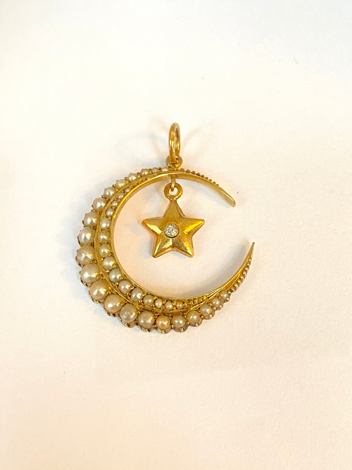 Antique, 15ct Gold Pearl Crescent Moon and Diamond Star Pendant