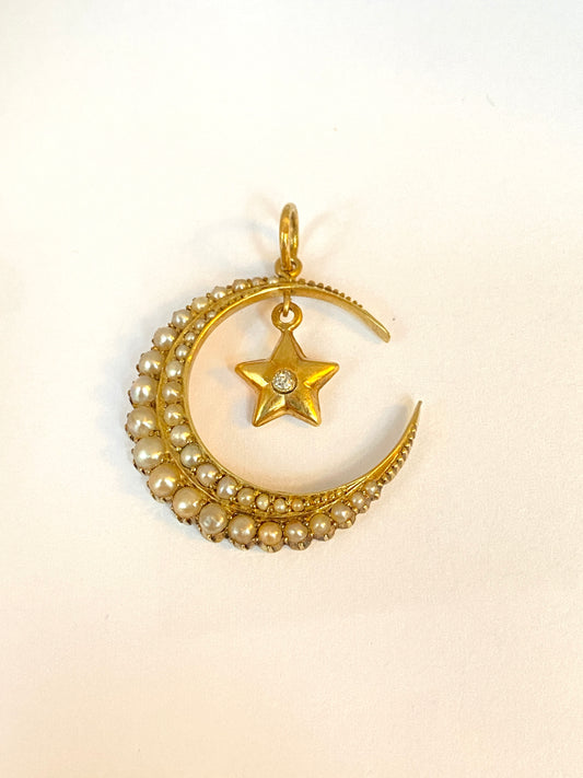 Antique, 15ct Gold Pearl Crescent Moon and Diamond Star Pendant