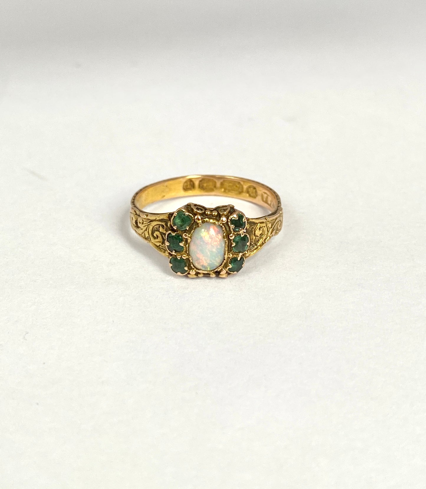 Antique, Victorian, 15ct Gold Emerald and Opal Ring, Hallmarked, Birmingham, 15ct Gold, 1868