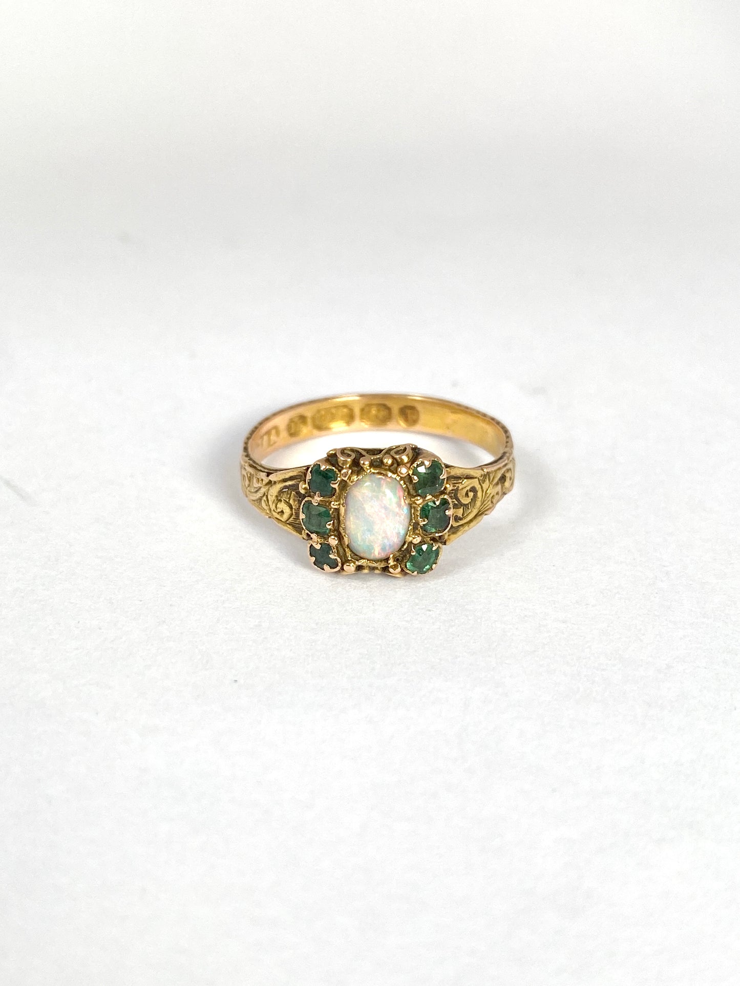 Antique, Victorian, 15ct Gold Emerald and Opal Ring, Hallmarked, Birmingham, 15ct Gold, 1868