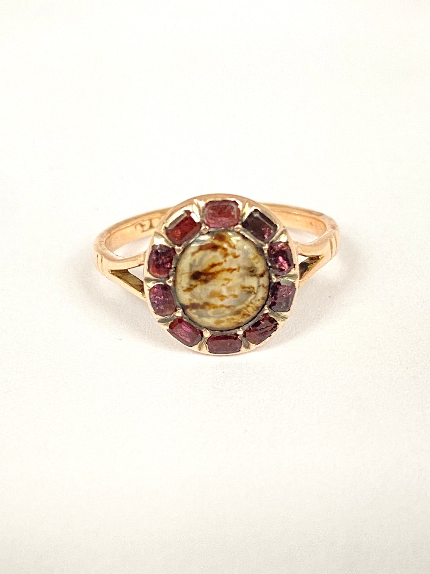 Antique, 9ct Gold, Moss Agate Ring with Flat cut Garnet Cluster
