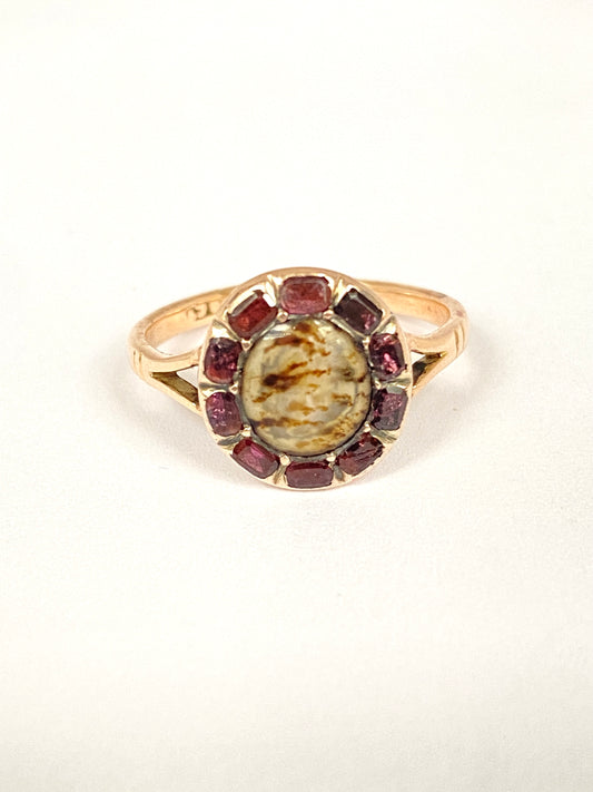 Antique, 9ct Gold, Moss Agate Ring with Flat cut Garnet Cluster