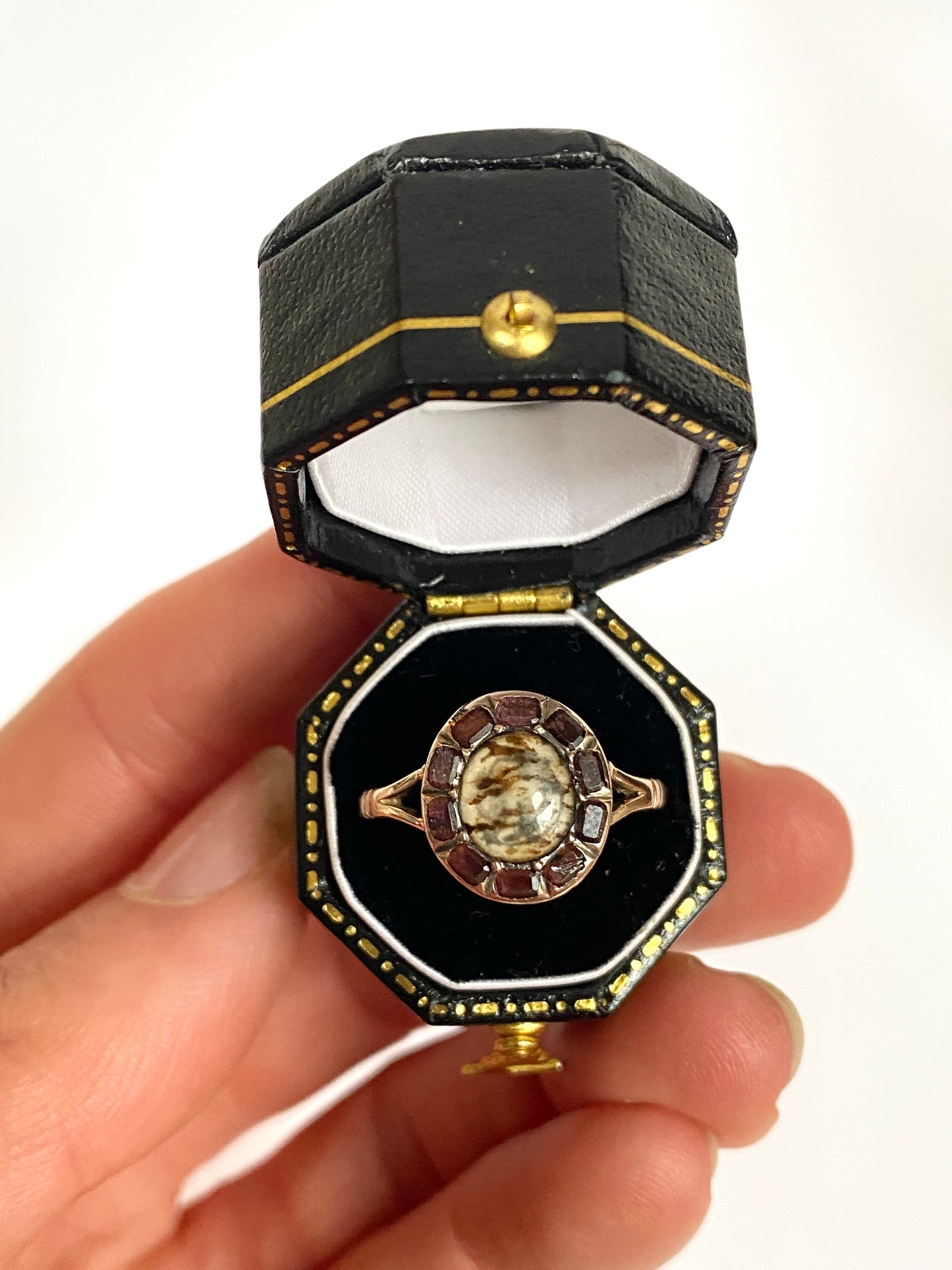 Antique, 9ct Gold, Moss Agate Ring with Flat cut Garnet Cluster