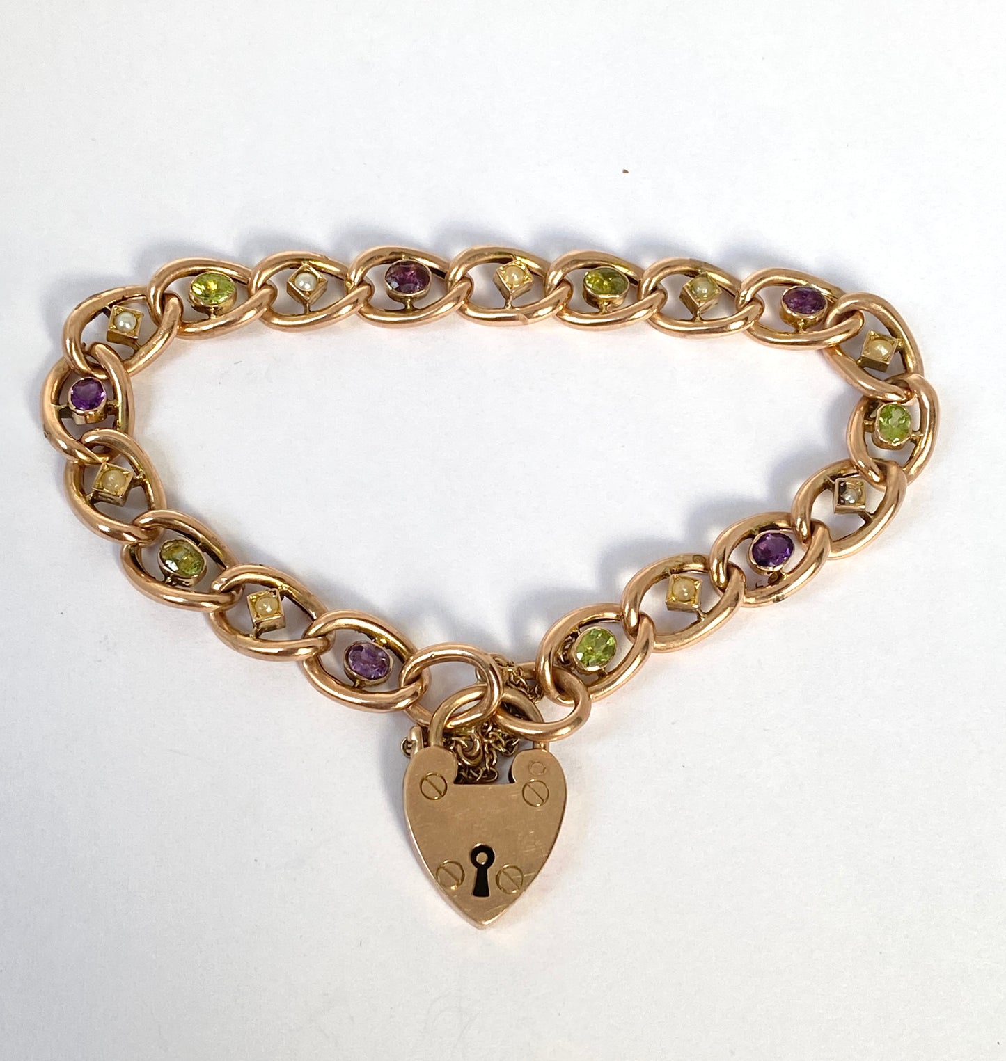 Antique Edwardian 9ct Gold Suffragette Bracelet with Peridot, Amethyst and Pearl and a Heart Padlock