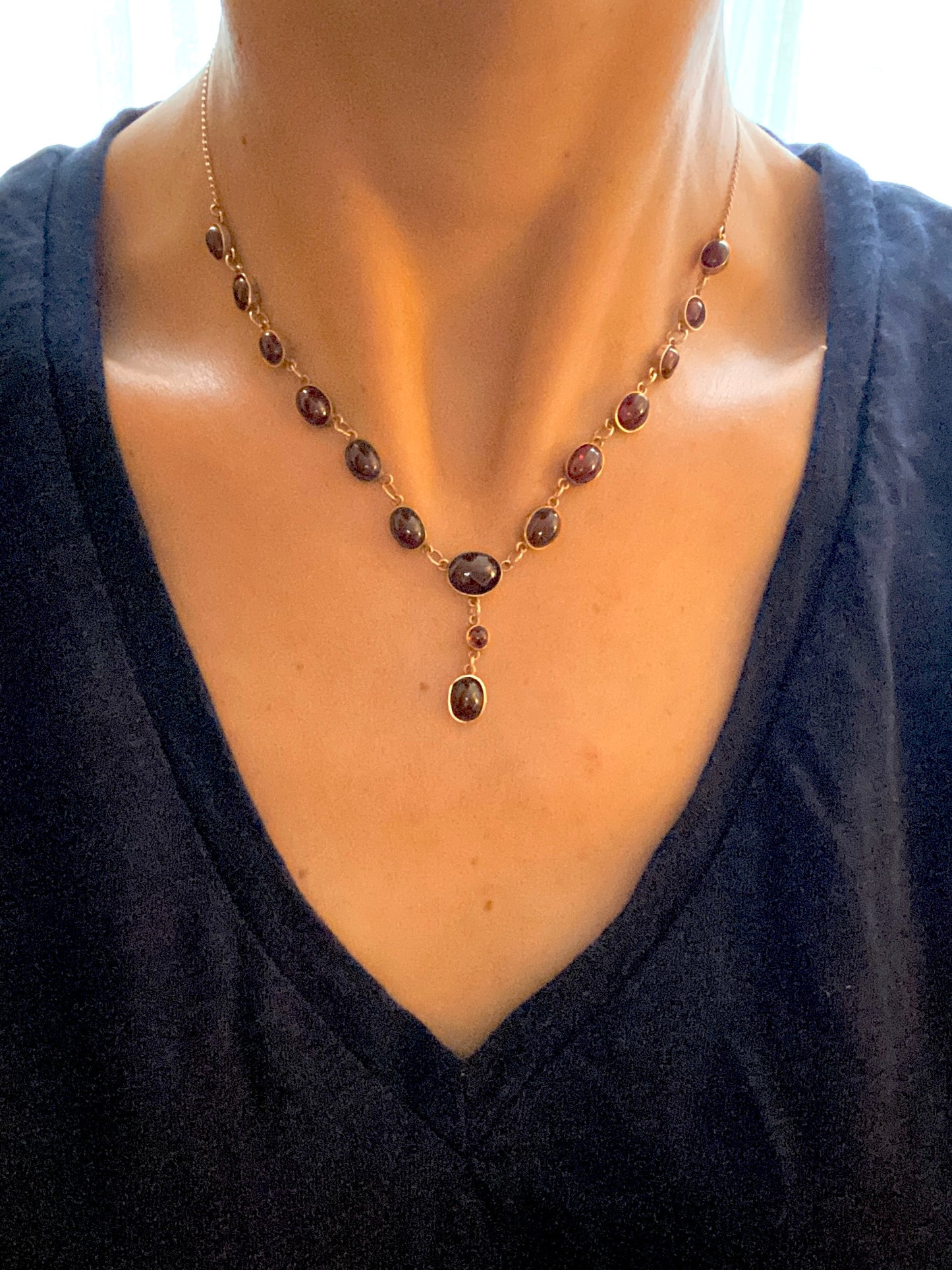 9ct Gold, Victorian, Garnet Bezel Fringe Necklace, 16 inches