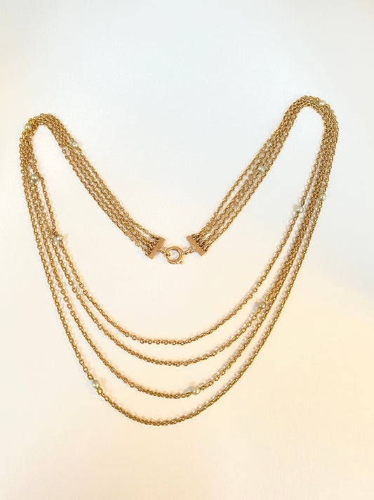 Rare, Antique, 15ct Gold  four strand Chain, with Natural Pearls, 11.72g