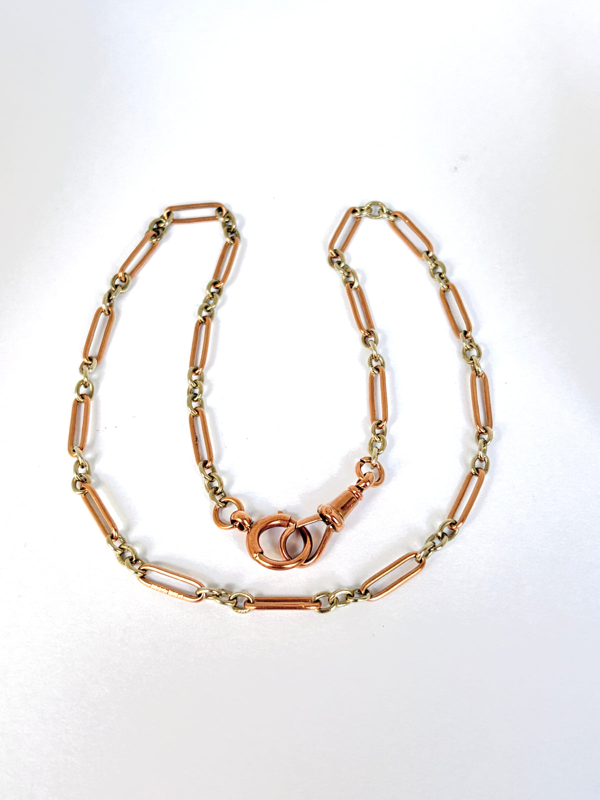 Antique, 9ct Gold Bi-coloured paperclip watch chain with dog clip and  bolt ring, 15 inches, 12.23g