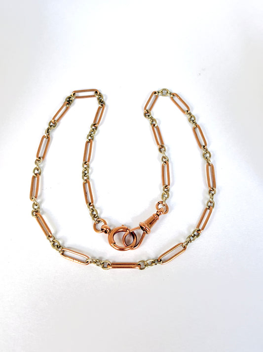 Antique, 9ct Gold Bi-coloured paperclip watch chain with dog clip and  bolt ring, 15 inches, 12.23g
