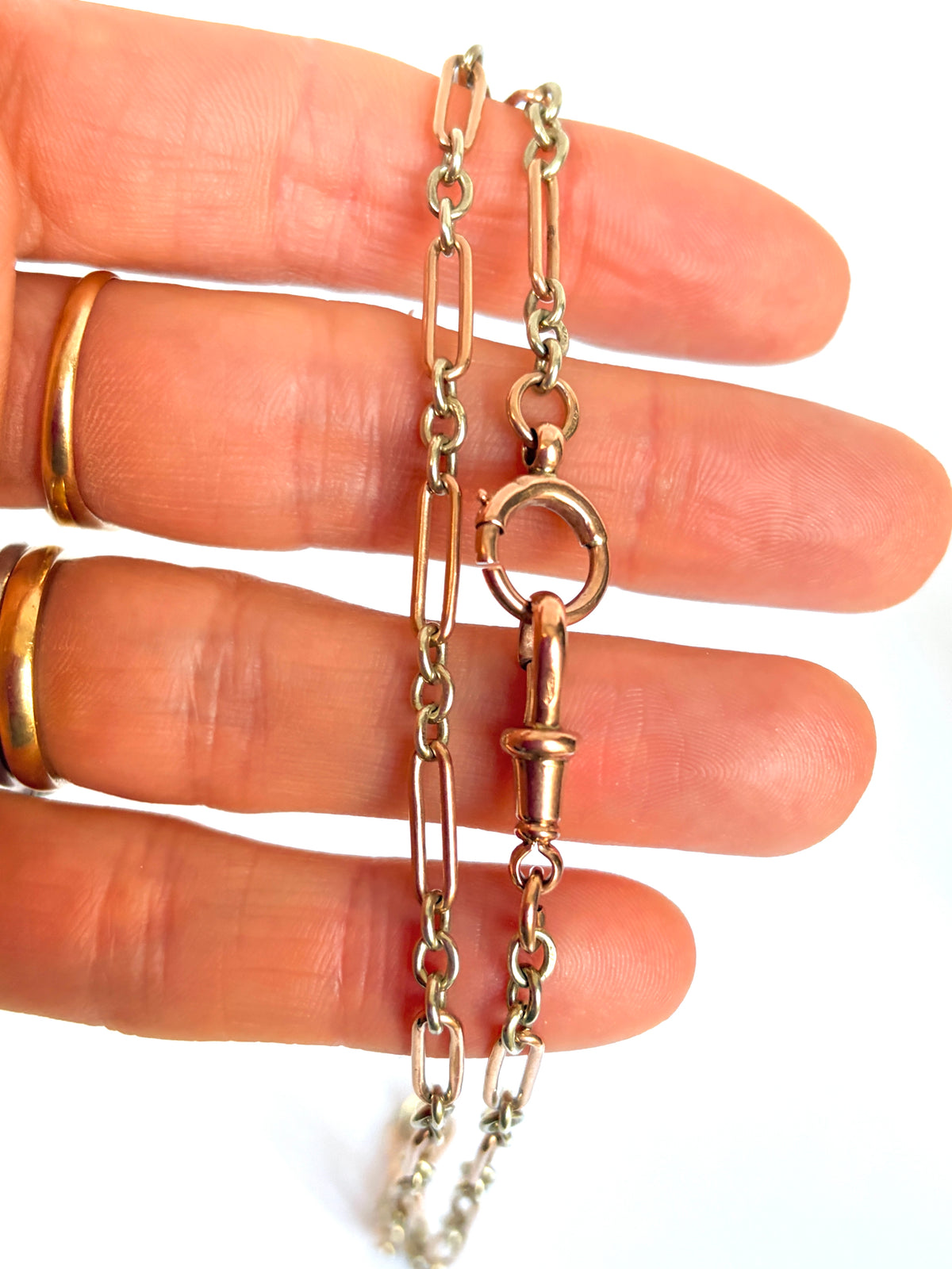 Antique, 9ct Gold Bi-coloured paperclip watch chain with dog clip and  bolt ring, 15 inches, 12.23g