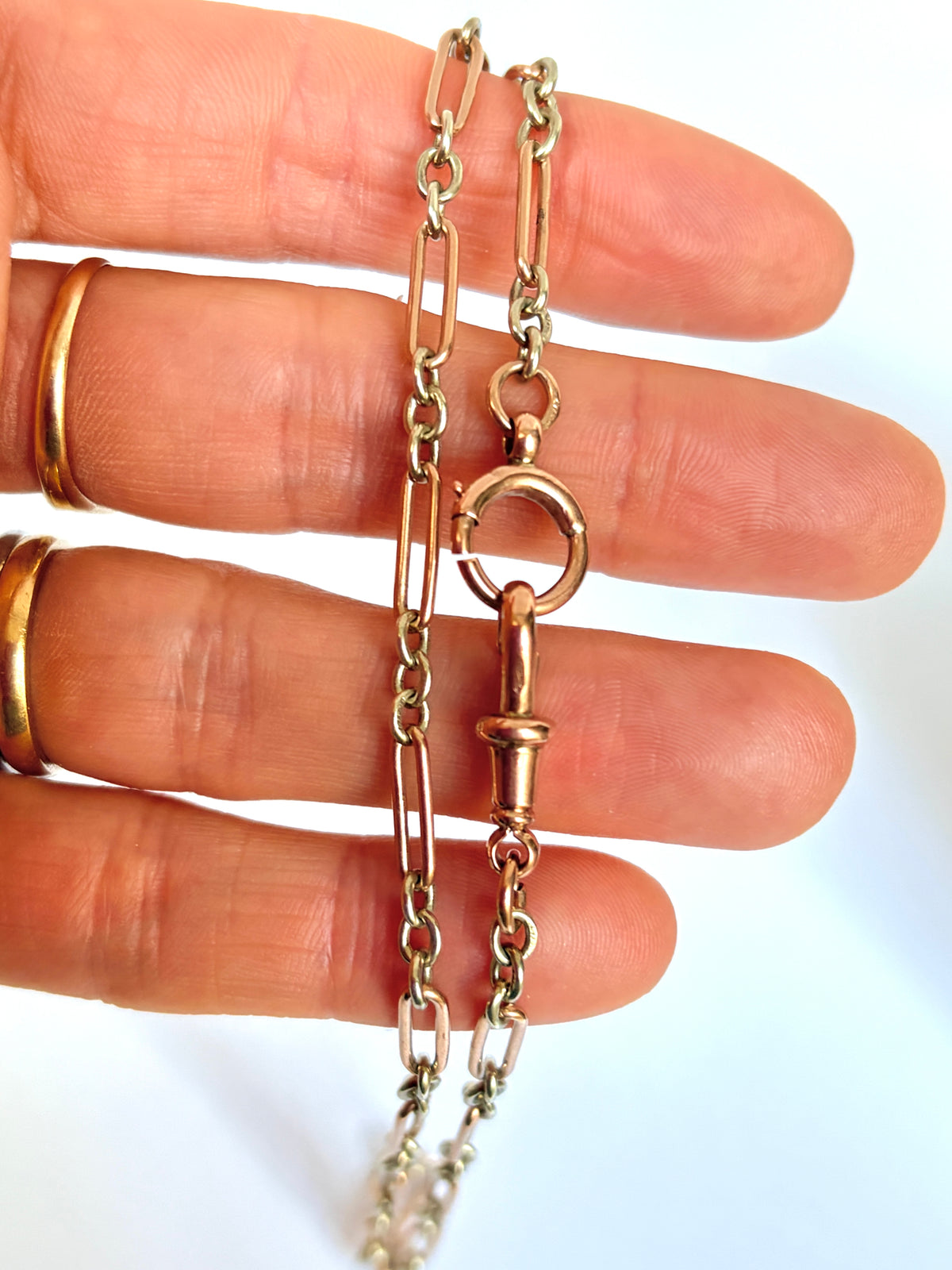 Antique, 9ct Gold Bi-coloured paperclip watch chain with dog clip and  bolt ring, 15 inches, 12.23g