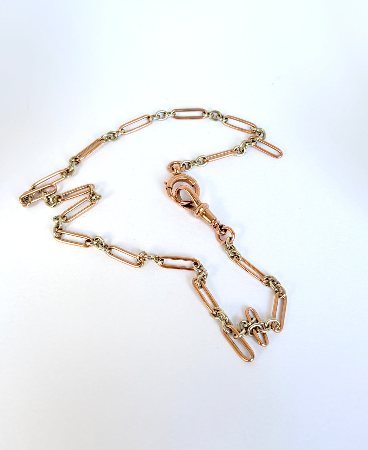 Antique, 9ct Gold Bi-coloured paperclip watch chain with dog clip and  bolt ring, 15 inches, 12.23g