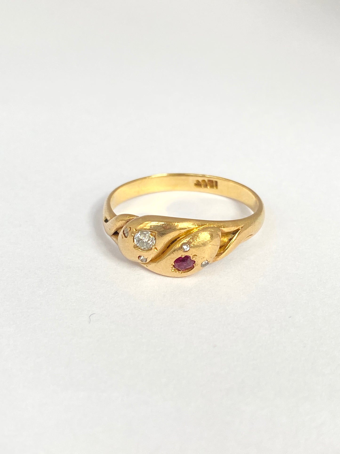 Antique, Victorian 18ct Gold, Double Diamond and Ruby Snake Ring with Diamond eyes, Hallmarked 18ct Gold