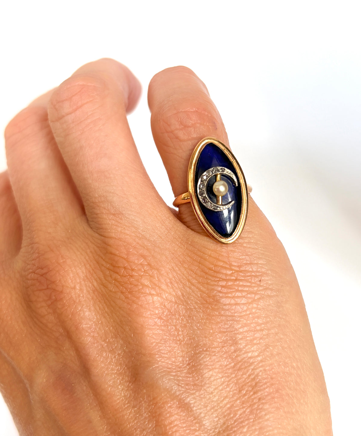 Antique Georgian, 18ct Gold, Bristol Blue Glass Marquise Ring with Diamond Crescent  Moon