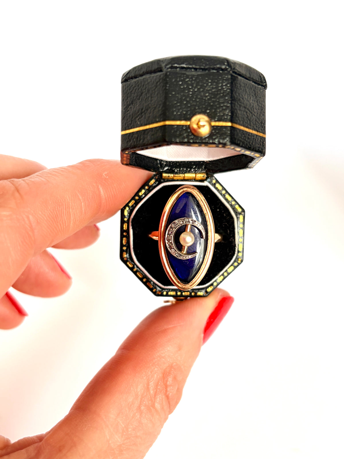 Antique Georgian, 18ct Gold, Bristol Blue Glass Marquise Ring with Diamond Crescent  Moon