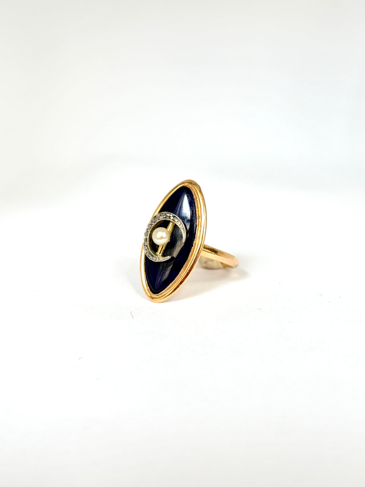 Antique Georgian, 18ct Gold, Bristol Blue Glass Marquise Ring with Diamond Crescent  Moon
