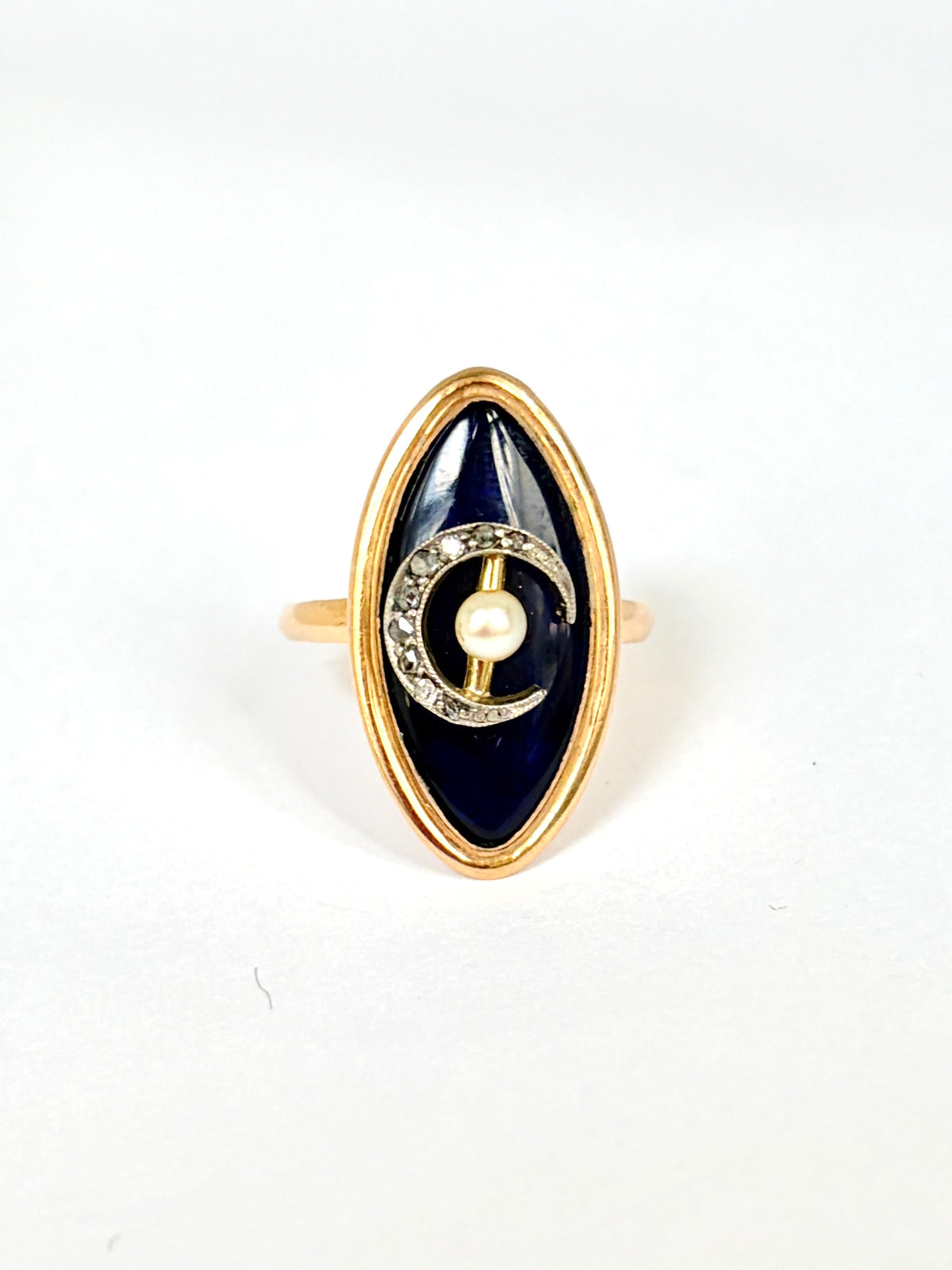 Antique Georgian, 18ct Gold, Bristol Blue Glass Marquise Ring with Diamond Crescent  Moon