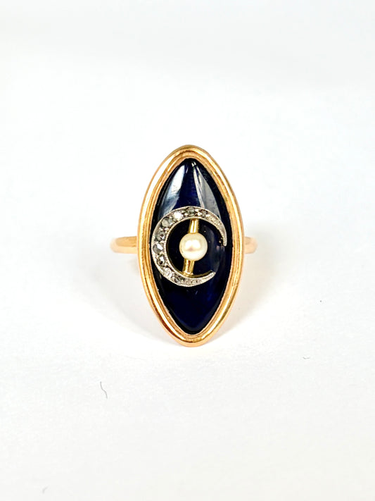 Antique Georgian, 18ct Gold, Bristol Blue Glass Marquise Ring with Diamond Crescent  Moon