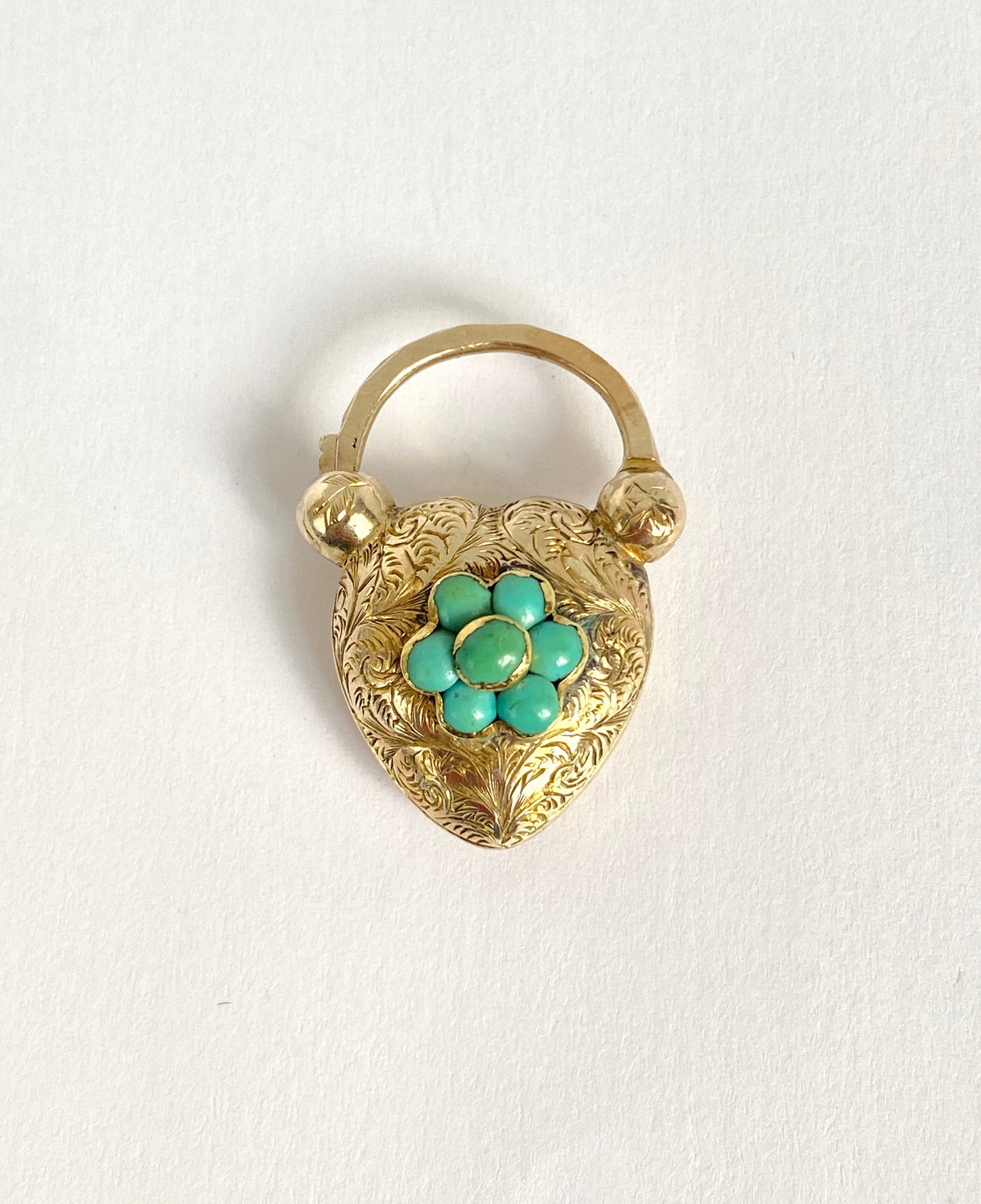 2nd and 3rd payment Rare, Antique, 15ct Gold Forget-me-not Turquoise Engraved, Heart Padlock Pendant/Clasp