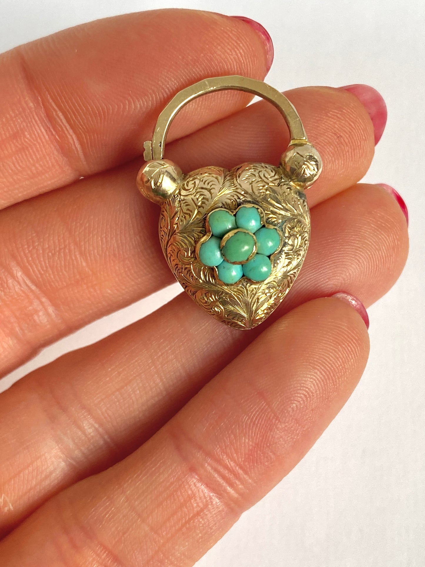 2nd and 3rd payment Rare, Antique, 15ct Gold Forget-me-not Turquoise Engraved, Heart Padlock Pendant/Clasp