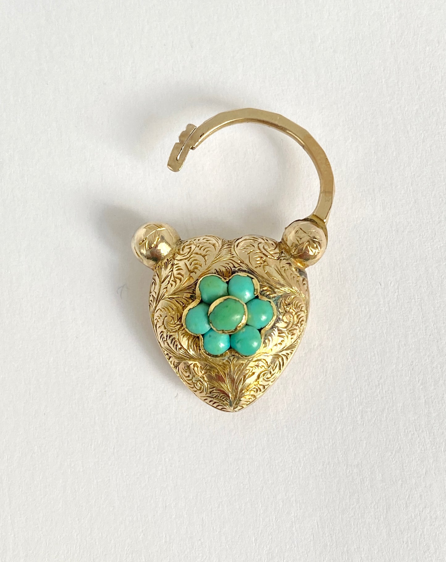 2nd and 3rd payment Rare, Antique, 15ct Gold Forget-me-not Turquoise Engraved, Heart Padlock Pendant/Clasp