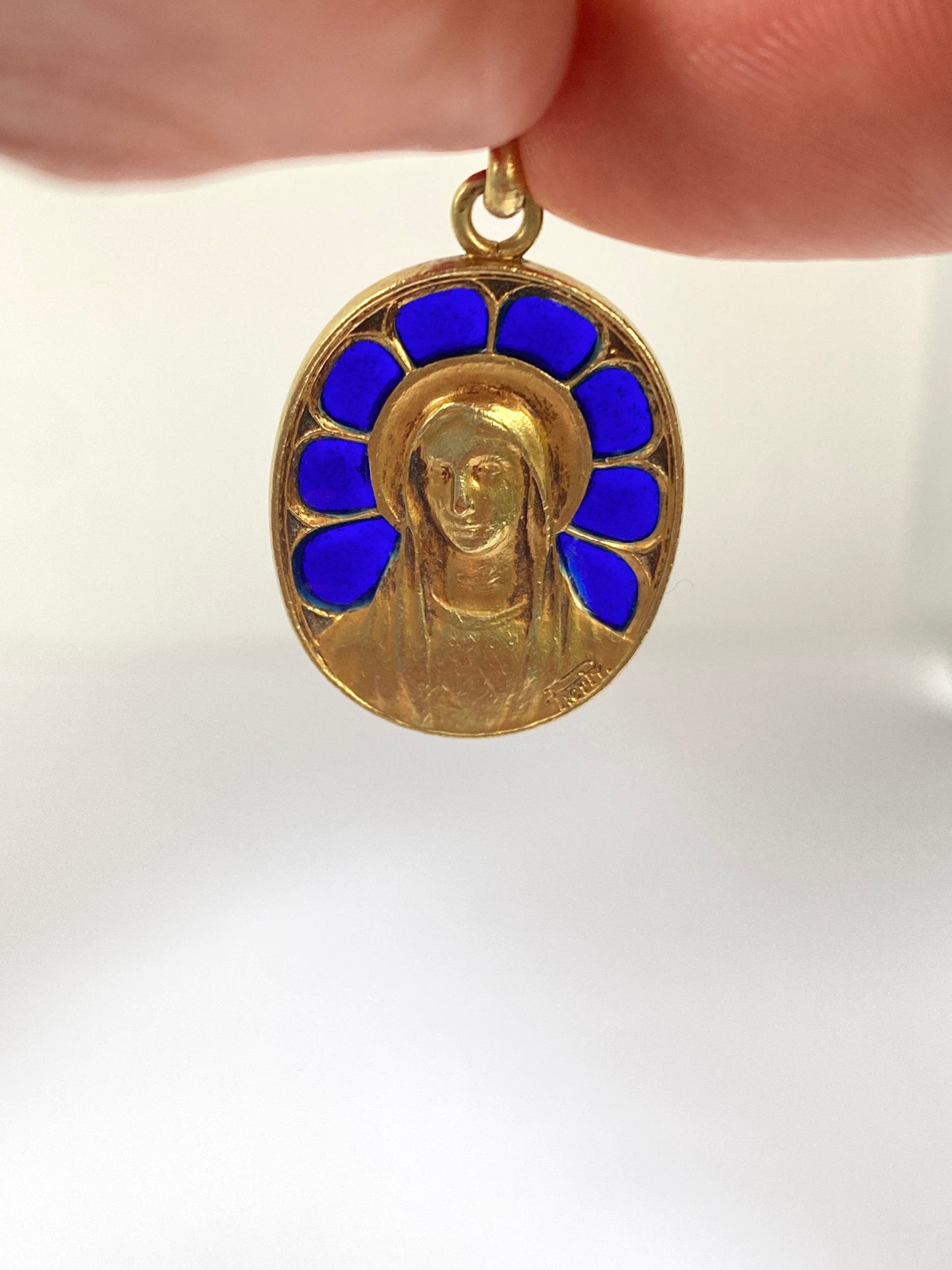 Rare, Antique, French 18ct Gold, Madonna (Virgin Mary) 'Plique a jour'  Blue Enamel Religious Pendant