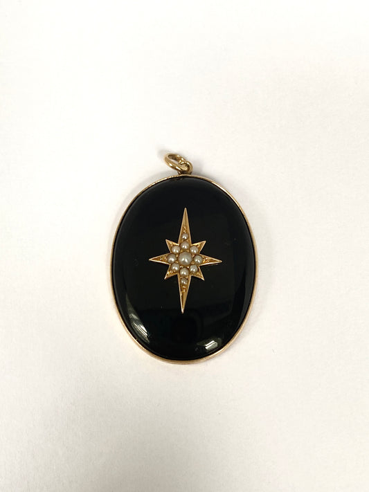 Antique, Victorian, Large, 9ct Gold Black Jet and Seed Pearl Pendant, (7.3g)