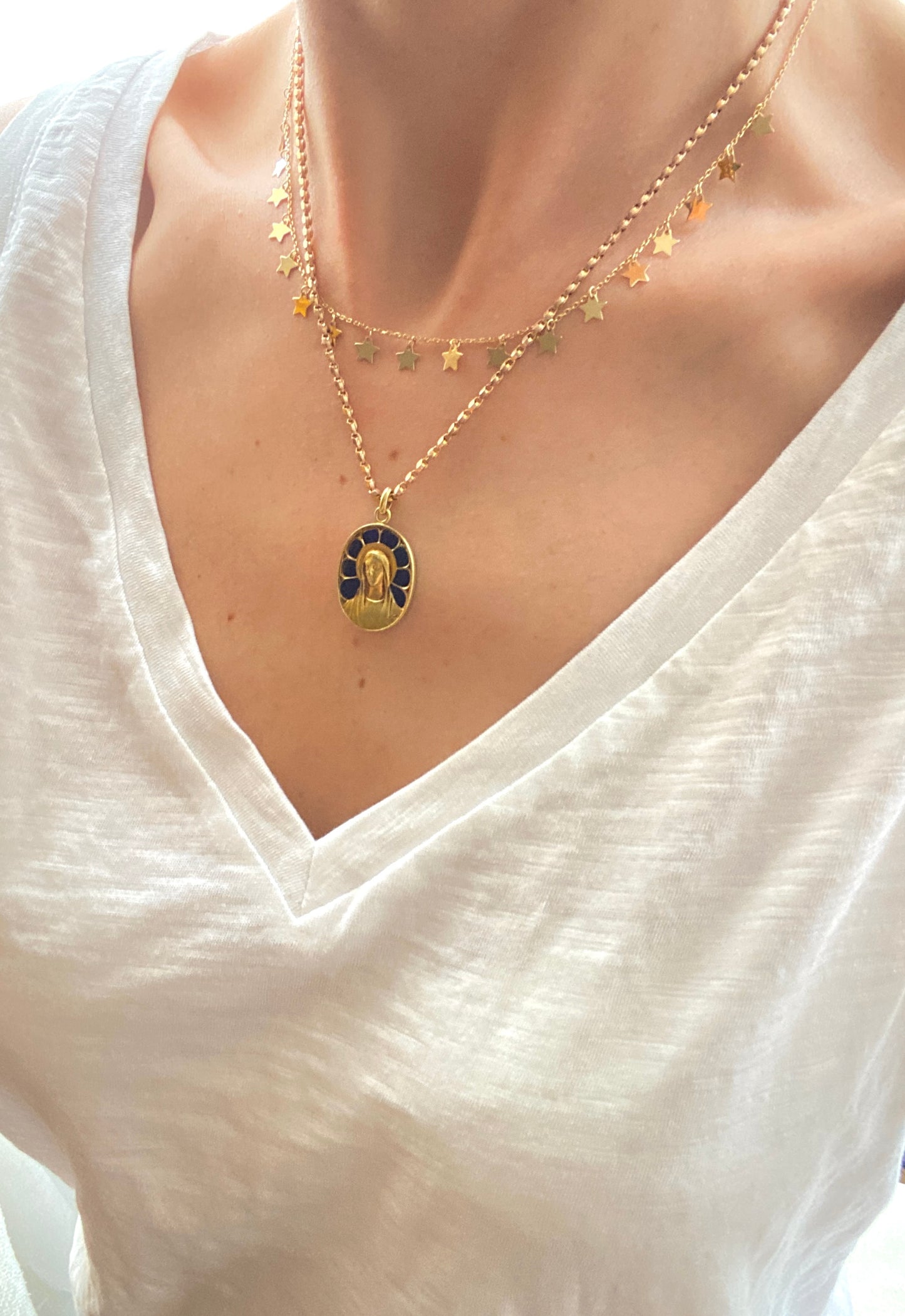 Rare, Antique, French 18ct Gold, Madonna (Virgin Mary) 'Plique a jour'  Blue Enamel Religious Pendant