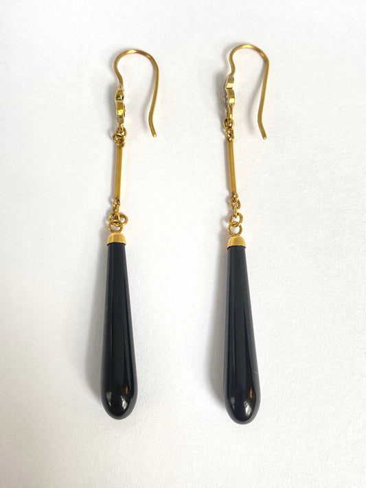 Antique, Art Deco, 15ct Gold Black Onyx and Diamond drop Earrings