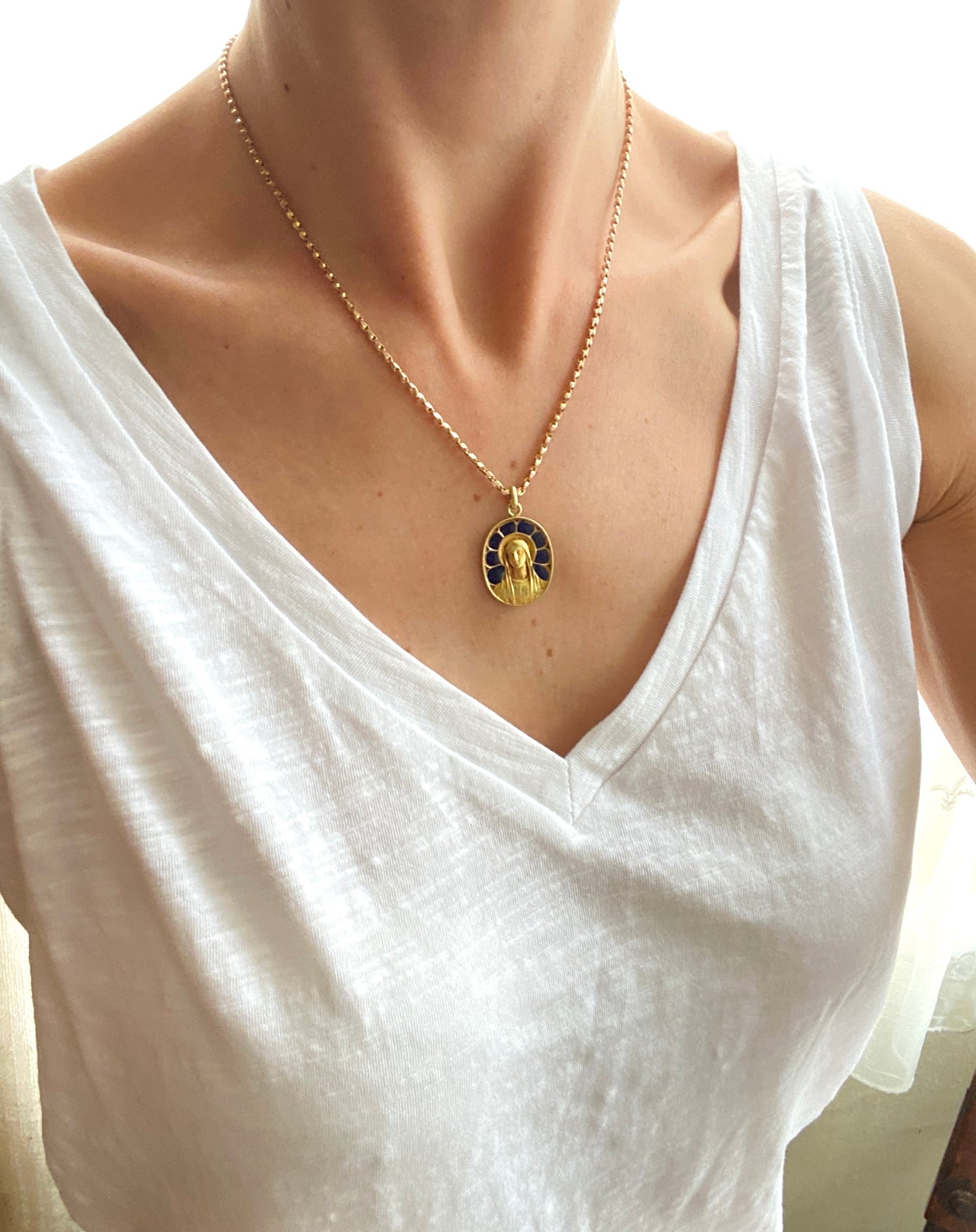 Rare, Antique, French 18ct Gold, Madonna (Virgin Mary) 'Plique a jour'  Blue Enamel Religious Pendant